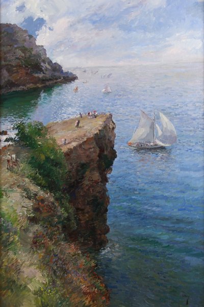 Oil On Canvas On Panel, Mediterranean View With Sailboat And Cliffs