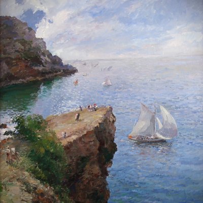 Oil On Canvas On Panel, Mediterranean View With Sailboat And Cliffs