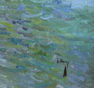 Oil On Canvas On Panel, Mediterranean View With Sailboat And Cliffs