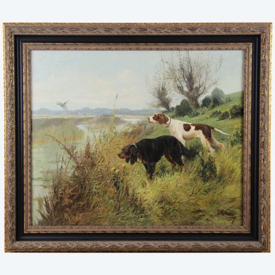 Jagdhunde Pointer Französisch Ölgemälde auf Leinwand 19. von F.E. Martinez