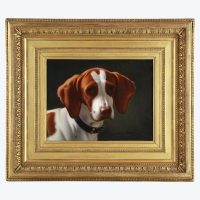 Peinture à l'huile exclusive sur toile portrait d'un chien de chasse breton 19e siècle