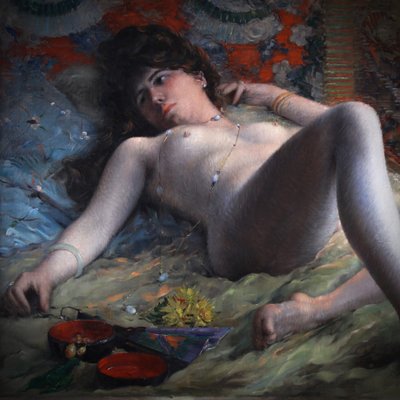 Peinture à l'huile sur toile ancienne française « Nu à l'éventail » XXe siècle