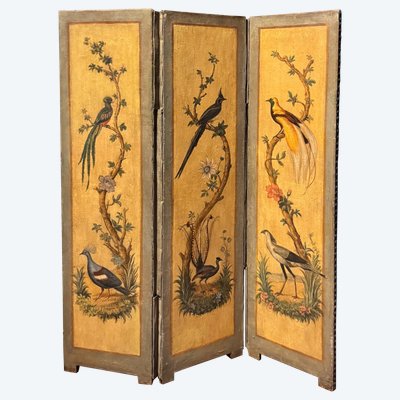 Small 18th century painted canvas screen with 3 panels H95