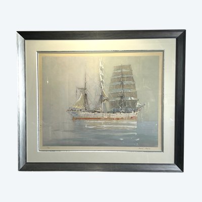 MARIN-MARIE 1901-1987 LARGE LITHOGRAPH "THREE MASTS ON A CALM SEA"
