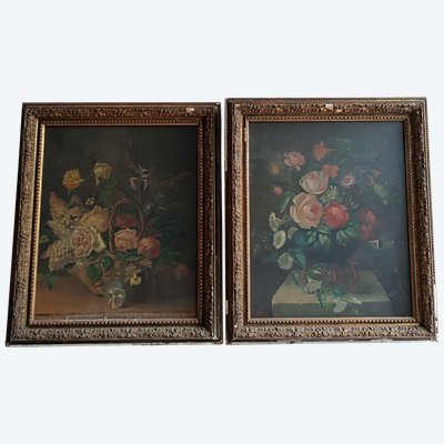 Pair of 19th century oil paintings Still life with flowers