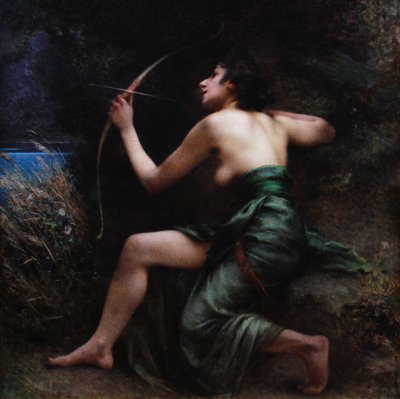 Antikes französisches Ölgemälde auf Leinwand, Akt „Göttin Artemis“, 19.