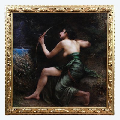 Antikes französisches Ölgemälde auf Leinwand, Akt „Göttin Artemis“, 19.