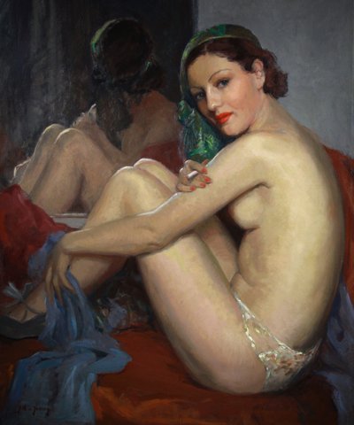 Danseuse de cabaret assise devant un miroir, peinture à l'huile sur toile nue française