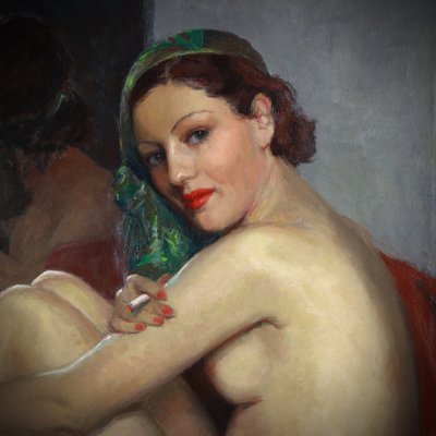 Danseuse de cabaret assise devant un miroir, peinture à l'huile sur toile nue française