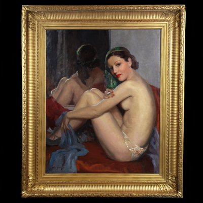 Danseuse de cabaret assise devant un miroir, peinture à l'huile sur toile nue française
