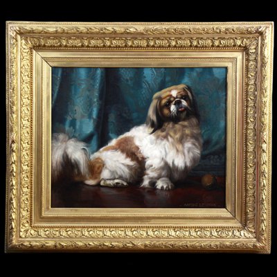 Peinture à l'huile ancienne sur toile portrait d'un chien pékinois 20e