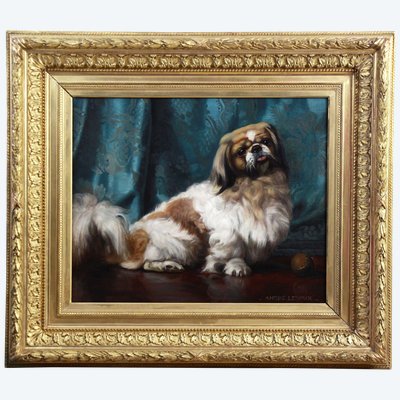 Peinture à l'huile ancienne sur toile portrait d'un chien pékinois 20e