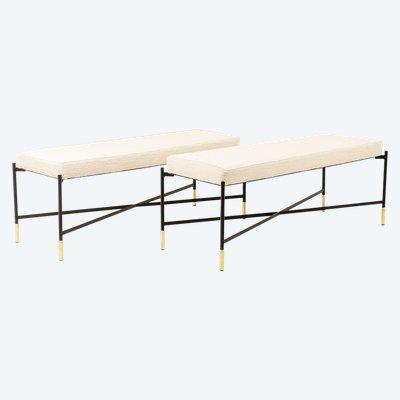 Pair of white benches, in lacquered and gold metal. 2000s. LS6364756M