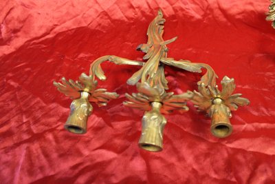 Pair of Louis XV style bronze 3-light wall lights, early 20th century height: 46 cm