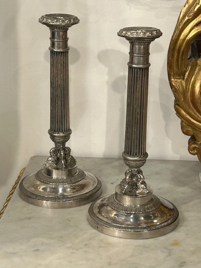 Pair of Solid Silver Candlesticks, France, Restoration Period, Vieillard Hallmark (1819-1838)