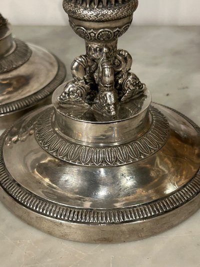 Pair of Solid Silver Candlesticks, France, Restoration Period, Vieillard Hallmark (1819-1838)