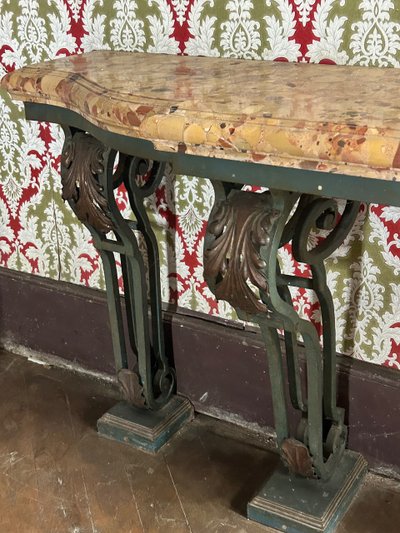Consolle in ferro battuto stile Luigi XV molto grande, fine XIX secolo, L 260 cm 