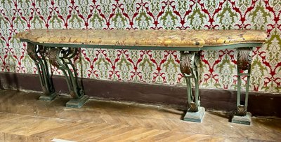 Consolle in ferro battuto stile Luigi XV molto grande, fine XIX secolo, L 260 cm 