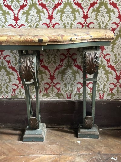 Consolle in ferro battuto stile Luigi XV molto grande, fine XIX secolo, L 260 cm 