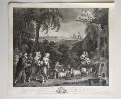 Der Auszug Abrahams und Lots aus Ägypten, biblische Szene nach Zuccarelli, 18. Jahrhundert, Gravur 