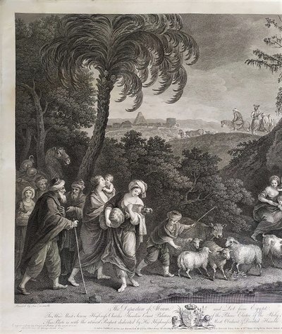 Der Auszug Abrahams und Lots aus Ägypten, biblische Szene nach Zuccarelli, 18. Jahrhundert, Gravur 