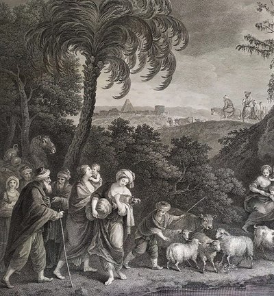 Der Auszug Abrahams und Lots aus Ägypten, biblische Szene nach Zuccarelli, 18. Jahrhundert, Gravur 