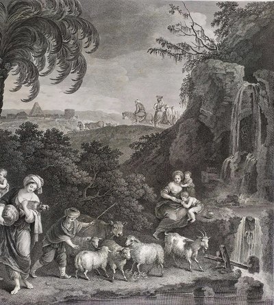 Der Auszug Abrahams und Lots aus Ägypten, biblische Szene nach Zuccarelli, 18. Jahrhundert, Gravur 