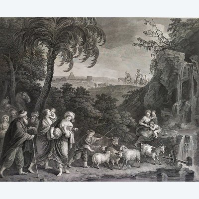 Der Auszug Abrahams und Lots aus Ägypten, biblische Szene nach Zuccarelli, 18. Jahrhundert, Gravur 