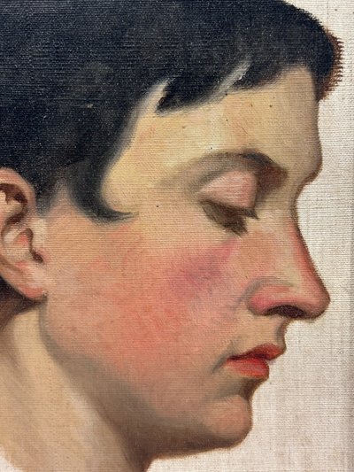 Portrait of a Woman in Profile Oil on Canvas Mounted on Wood Panel dated 1913