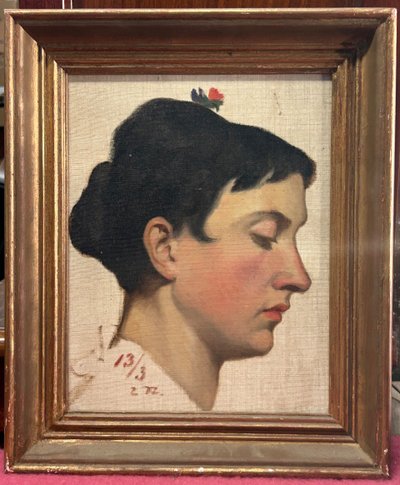 Portrait of a Woman in Profile Oil on Canvas Mounted on Wood Panel dated 1913