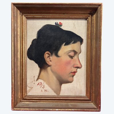 Portrait of a Woman in Profile Oil on Canvas Mounted on Wood Panel dated 1913
