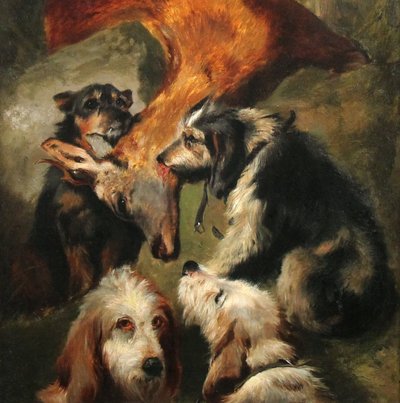 Peinture à l'huile sur toile du XIXe siècle, scène de chasse avec chiens et cerfs