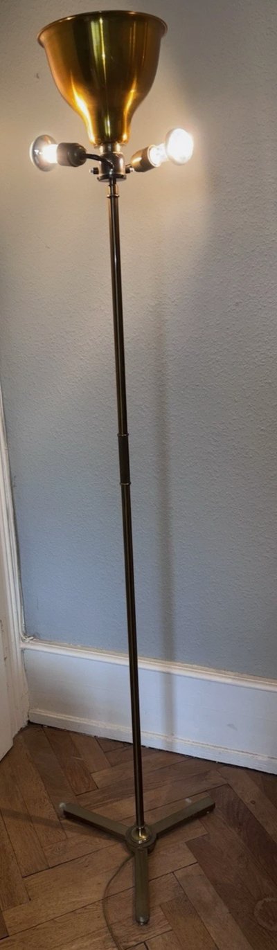 Maison CHARLES (Signed) Tripod floor lamp in brass and gilded bronze.