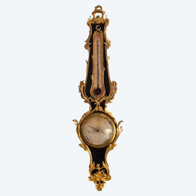 Thermometer, Barometer in Lacquered Wood and Gilt Bronze, Louis XV Style, 19th Century.