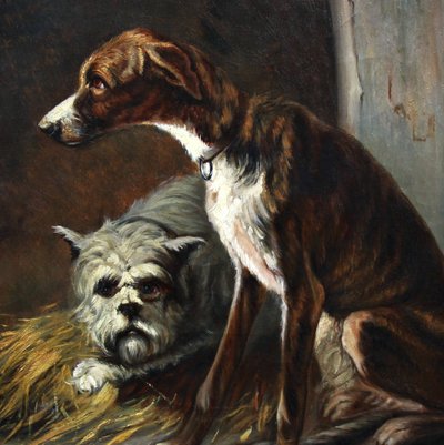 Due cani da caccia in un canile, dipinto ad olio su tela del XIX secolo di Federico OLARIA
