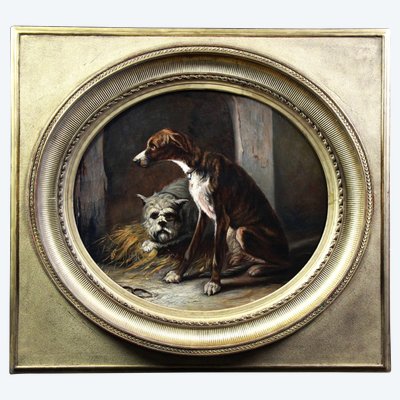 Due cani da caccia in un canile, dipinto ad olio su tela del XIX secolo di Federico OLARIA