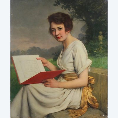 Portrait d'une femme dans un jardin, peinture à l'huile sur panneau par Jan Van Beers 1900