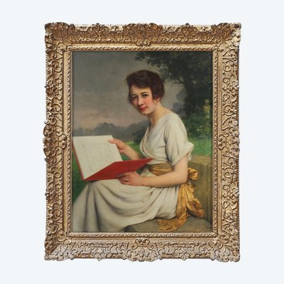 Porträt einer Frau in einem Garten, Ölgemälde auf Holz von Jan Van Beers, 1900