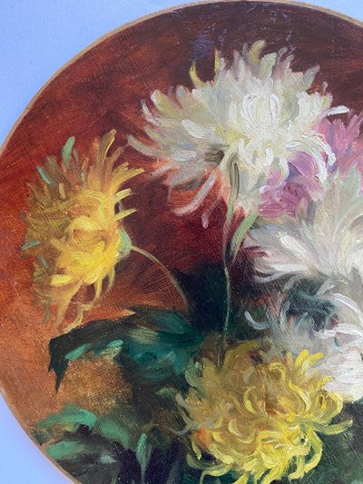 Chrysanthemums”. Oil on canvas, early 20th century, mounted on cardboard. Delphin Enjolras workshop.