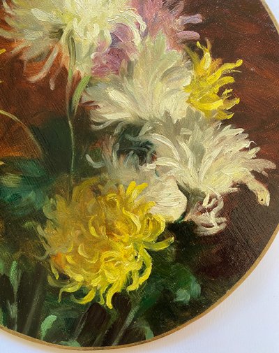 Chrysanthemums”. Oil on canvas, early 20th century, mounted on cardboard. Delphin Enjolras workshop.