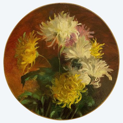 Chrysanthemums”. Oil on canvas, early 20th century, mounted on cardboard. Delphin Enjolras workshop.