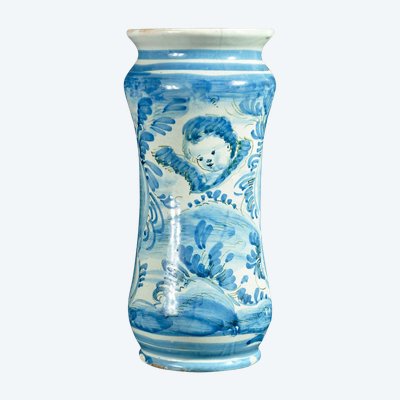 Albarelo in earthenware decorated in blue monochrome with a cherub motif, late 17th century