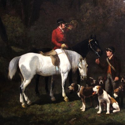 Dipinto ad olio su tela, scena di caccia con cani e cavallo, cerchia di Alfred De Dreux, XIX secolo