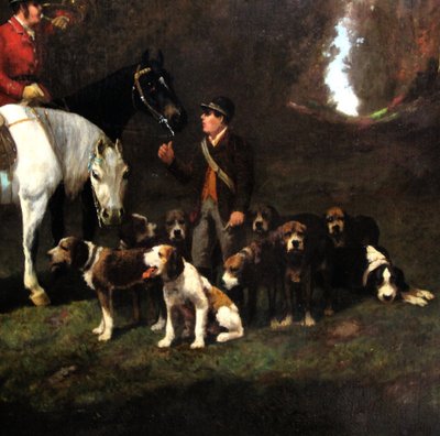 Dipinto ad olio su tela, scena di caccia con cani e cavallo, cerchia di Alfred De Dreux, XIX secolo