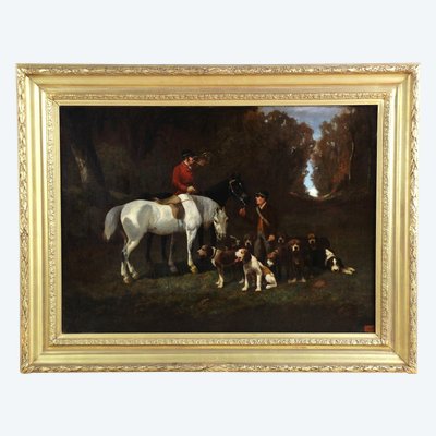 Dipinto ad olio su tela, scena di caccia con cani e cavallo, cerchia di Alfred De Dreux, XIX secolo