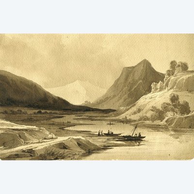 Charles Caïus RENOUX  (1795-1846) Paysage -   Dessin original ancien au lavis