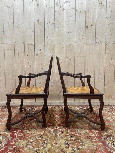 Pair of Louis XIII style armchairs sheep bone in cannia.