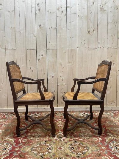 Pair of Louis XIII style armchairs sheep bone in cannia.