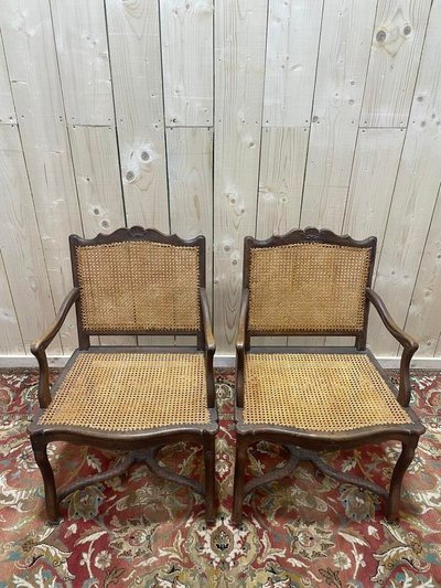 Pair of Louis XIII style armchairs sheep bone in cannia.