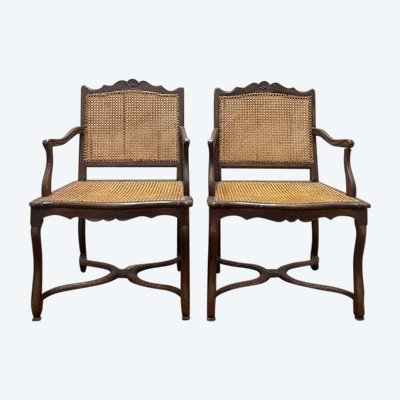 Pair of Louis XIII style armchairs sheep bone in cannia.